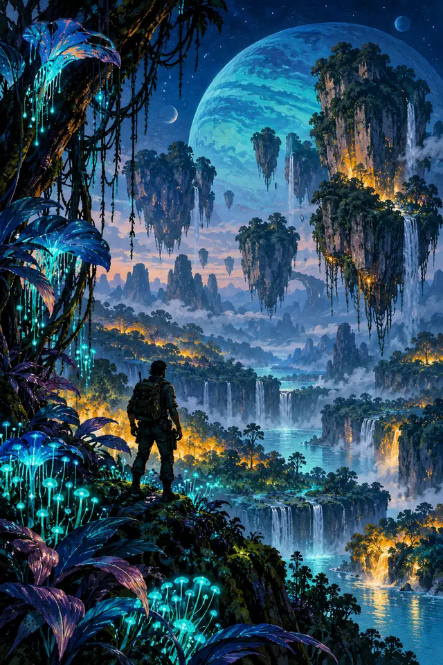 ภาพวาดป่าเรืองแสงและภูเขาลอยฟ้าประกอบบทความ Avatar
