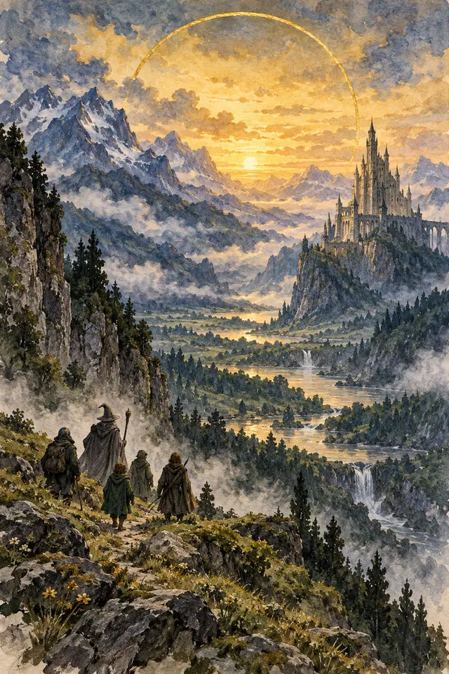 ภาพวาดคณะนักเดินทางในหุบเขาแฟนตาซีประกอบบทความ The Lord of the Rings